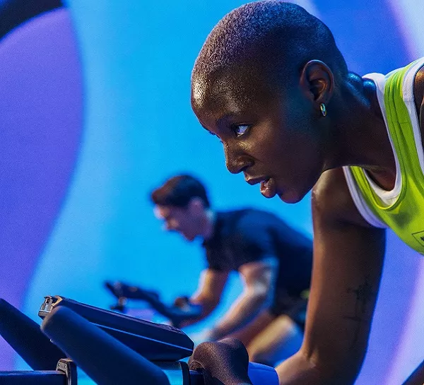 Woman on stationary bike